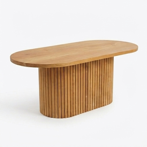 Table à manger ovale en bois massif moderne, base en piédestal cannelé, en teck artisanal, style minimaliste Japandi, pour la maison ou un restaurant - Product Image 2