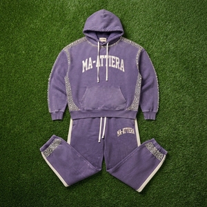 Conjunto de Sudadera con Capucha y Pantalones Deportivos Personalizados para Hombre, Color Morado con Pedrería, Felpa de Algodón, Estilo Urbano, Talla Grande, Venta al Por Mayor OEM - Product Image 5