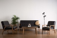 Sofá Seccional Rectangular Moderno de Tres Plazas, Tapizado en Cuero PU, con Estructura de Madera de Nogal, Estilo Escandinavo, para Espacios Minimalistas