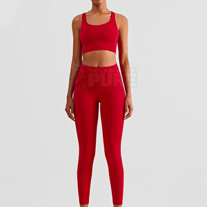 Conjunto de yoga de 2 piezas para mujer, color rojo, top corto con cuello redondo y espalda cruzada, leggings de cintura alta y largo completo, sin costuras, a cuadros, transpirable - Product Image 4