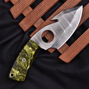 Drop Point Skinner Knife Damascus Steel Blade 0.6mm Thickness Green Handle Outdoor <b>Tool</b> - Product Image 1