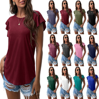 Kaos Wanita Kerah Bulat Lengan Pendek Warna Polos Model Longgar Bahan Jersey Rajut Kasual untuk Musim Semi dan Musim Panas