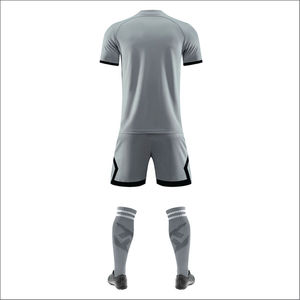 Ensemble de maillots de football personnalisés en sublimation à manches courtes et col rond pour hommes, gris et noir, respirant et à coupe athlétique - Product Image 4