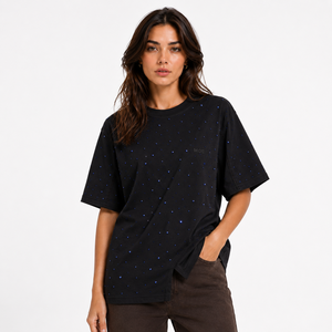 2026 Trendy Rhinestone Women's Shirts Custom Black Oversized Tee Premium Loose Fit Streetwear Casual Fashion <b>Top</b> Wholesale ODM - Product Image 4