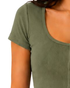 Top Corto de Punto Acanalado Verde Oliva para Mujer, Manga Corta, Cierre de Botones al Frente, Corte Ajustado, Cuello Cuadrado, Blusa Informal de Verano de Algodón - Product Image 3