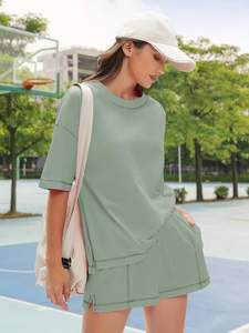 Conjunto de Verano para Mujer, Dos Piezas, Estilo Dulce y Elegante, Camiseta de Manga Corta y Pantalones Cortos, Ecológico, Transpirable, Informal - Product Image 6