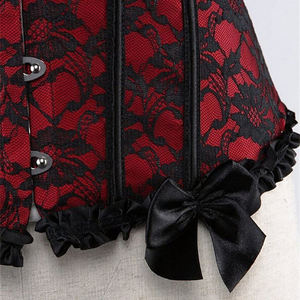 Corset en dentelle rouge et noir pour femme avec volants, nœud sur le devant, fermeture à agrafes et à œillets, et maintien ferme - Product Image 2