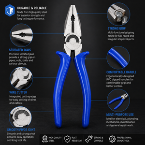 Heavy Duty Combination <b>Pliers</b> Professional Long Nose Steel Hand <b>Tool</b> with Blue Grip for Electrical Plumbing Mechanical Repair - Product Image 3