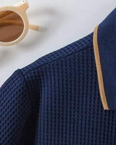 Boys Navy Waffle Knit Cotton Polo Shirt Short Sleeve Solid Color Breathable Casual Wear Quick Dry Eco-Friendly Embroidered Size - Product Image 5