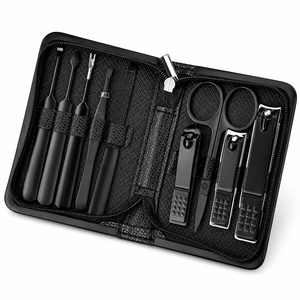 Kit de manucure et pédicure 9 pièces en acier inoxydable noir avec étui – Coupe-ongles, couteau à pédicure, forme biseautée pour les doigts - Product Image 1