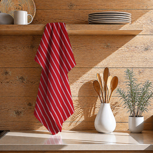 Serviette de cuisine rouge à rayures, design de Noël, avec taille et logo personnalisés, pour usage en cuisine. - Product Image 1