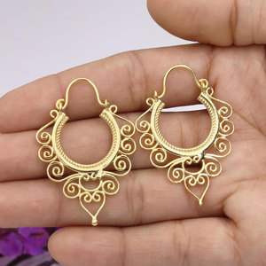 Handmade Gold Plated Spiral Hoop <b>Earrings</b> Intricate Heart Scrollwork Boho Tribal Statement Jewelry for Women - Product Image 1