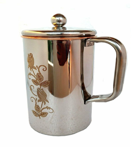 Sleek stainless steel insulated jug features an etched gold rose branch motif and sturdy <b>handle</b>, available at wholesale price. - Product Image 1