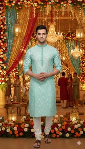 Ensemble Kurta Pajama Ethnique Luxueux pour Homme, Tissage Jacquard en Soie Artificielle, Tenue de Fête et de Mariage, Très Demandé, Disponible à la Vente - Product Image 5