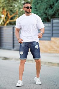 Pantalones Cortos de Mezclilla Desgastados para Hombre, Cintura Media, Estilo Casual de Verano, Pierna Recta, Color Azul Lavado - Product Image 6