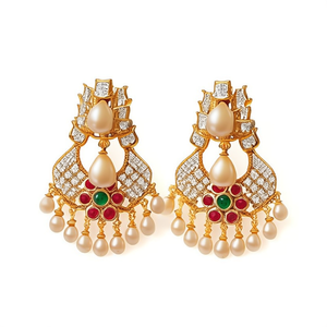 18K Gold Plated Clip-On Earrings with Diamond and Golden Pearls for Wedding - Product Image 1