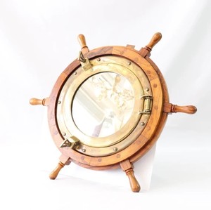 Brass Porthole Mirror Wooden Ship Wheel Nautical Wall Mirror Vintage Marine Decor Coastal Home Decorative Wall Hanging - Product Image 4