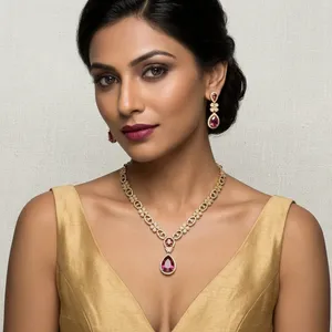 Ensemble de collier en rubis Mehendi pour femmes, pendentif classique en forme de goutte d'eau, bijoux de mariage, chaîne en laiton - Product Image 1