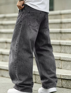 Jean ample taille haute en denim de coton délavé pour homme, motif cachemire bohème, coupe décontractée, grandes tailles, avec braguette zippée - Product Image 2