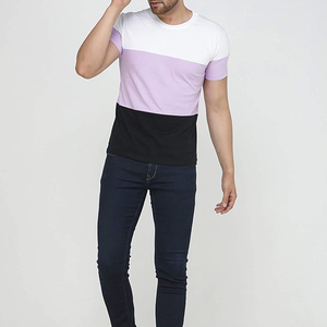 T-shirt pour homme à blocs de couleur, manches courtes, col rond, coupe classique, tricoté, blanc uni sur noir, 100% coton - Product Image 6