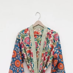 Peignoir Kimono Matelassé Décontracté en Coton, Imprimé Floral Fait Main, Veste de Nuit Sexy pour Femme, Longue Robe de Chambre, Tenue de Plage - Product Image 1