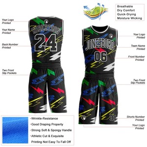 Conjunto de Uniforme de Baloncesto Sublimado Personalizado, Unisex para Adultos, Diseño de Rayos Negros, Nombre del Equipo, Número 00, Malla Transpirable, Corte Atlético - Product Image 2