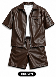 Ensemble chemise et short en cuir PU pour homme, tenue de luxe en similicuir 2 pièces, streetwear d'été, OEM ODM en gros - Product Image 3