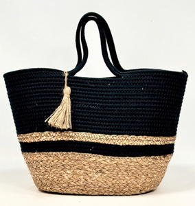 Bolso de mano hecho a mano de algas marinas y algodón, listo para enviar, el más vendido, bicolor negro y natural, con borla, ecológico, para la playa. - Product Image 1