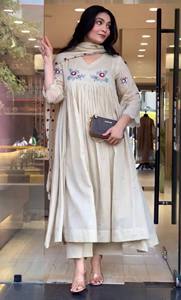 Conjunto de Kurti de seda romana pura con bordado, pantalón elástico cosido y dupatta con borde calado para mujer, ropa de fiesta OO 55 - Product Image 1