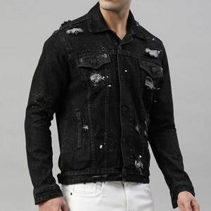 Chaqueta de mezclilla negra para hombre, corte ajustado, cuello vuelto, desgastada, casual, para otoño/invierno, manga regular, abotonadura sencilla - Product Image 2
