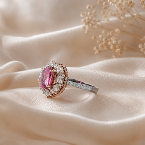 Bague en or 18 carats bicolore |   Diamant naturel et saphir rose de laboratoire |   Bague de cocktail de luxe |   Bijoux fins de mariage pour femmes - Product Image 3