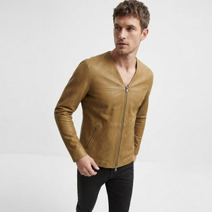 Camiseta de cuero personalizada para hombre con 2 bolsillos con cremallera, cuello en V, camiseta de cuero con cremallera completa, sin cuello, de piel de vaca premium. - Product Image 1