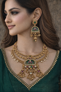 Parure de bijoux indiens vintage en laiton plaqué or antique avec pierres en verre et émail vert pour mariée et fête - Product Image 2