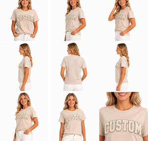 T-shirt pour femme, beige, col rond, manches courtes, coupe classique, décontracté, imprimé pailleté, design avec lettres, utilisable toute l'année - Product Image 6
