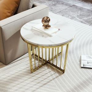 Modern 2-Piece White and Marbling Top <b>Coffee</b> <b>Table</b> Set with Gold Base <b>Nesting</b> <b>Round</b> Design - Product Image 2