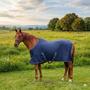 Manta para Caballo de Forro Polar Azul ROYAL INTRNATIONAL, Tamaño Personalizado, con Correas Ajustables y Ribete de Satén para Uso en Primavera y Otoño - Product Image 4
