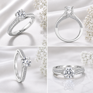 แหวนหมั้นมอสซาไนต์ทรงกลมคลาสสิก เงินแท้ 925 ชุบโรเดียม ประดับเพชรแบบ Pave Setting สำหรับผู้หญิง - Product Image 2