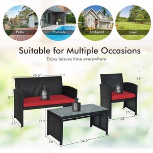 Set of 4 Rattan Patio Furniture with <b>Weather</b>-Resistant Cushions Tempered <b>Glass</b> Tabletop <b>Weather</b> Resistant Comfortable Stylish - Product Image 2