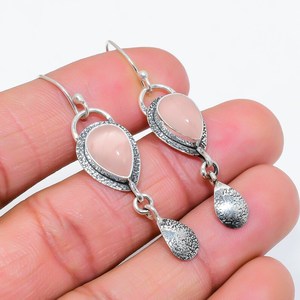 Pear Shape <b>Rose</b> <b>Quartz</b> Gemstone <b>Earrings</b> 925 Sterling Silver Vintage Style Handmade Jewelry Gift For Women - Product Image 4