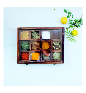 Boîte à épices en bois, best-seller, boîte à épices en bois indienne, boîte à épices décorative en bois avec couvercle en acrylique, 9 compartiments - Product Image 3