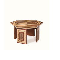 Table basse en teck marqueterie, élégante table centrale en bois pour salon, coin canapé, meuble décoratif pour la maison, décoration intérieure moderne.