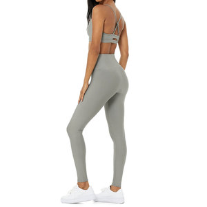 Best Selling Women Grey Spaghetti Strap Sports Bra High-Waist Gym Leggings 2 Piece Workout Yoga Fitness Set Activewear Suit - Product Image 3