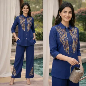 Ensemble 2 pièces brodé bleu pour femme, haut et pantalon en coton Oxford à manches trois quarts, coupe ample, élégant, pour toutes les saisons - Product Image 3
