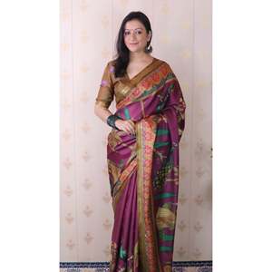 Sari Tradicional Tejido con Hilo Zari, Color Vino, Seda Tussar Suave, Pichwai, Ropa India y Pakistaní, Tejidos de Élite, 450g - Product Image 2