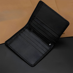 Vertical Zipper Pocket Leather <b>Wallet</b> For <b>Men</b> Black Natural Crinkle Texture <b>Slim</b> Bifold Design Multi Credit Card Holder Purse - Product Image 2