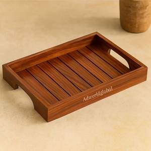 Plateau de service rectangulaire en bois d'acacia moderne, compatible lave-vaisselle, écologique, finition laquée, poignées flexibles, vaisselle - Product Image 6