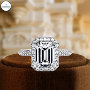 แหวนหมั้นเพชรเม็ดเดี่ยวทรงมรกต 1 กะรัต เพชรเพาะเลี้ยงในห้องปฏิบัติการ ตัวเรือนทองคำแท้ 14k แบบ 3D Pave แหวนเจ้าสาว แหวนแต่งงานเพชรแบบ Halo Full Pave - Product Image 2