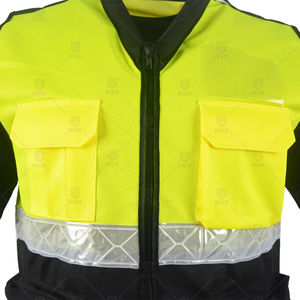 Chaleco de seguridad reflectante personalizado para construcción, color negro, amarillo y naranja, con logotipo y bolsillos. - Product Image 6