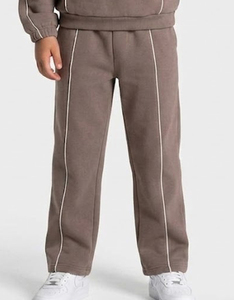 Custom Contrastline Mocha <b>Oversized</b> Kids Boys Tracksuit Set Cotton Fleece Hoodie & Wide Leg <b>Sweatpants</b> OEM & ODM Manufacturer - Product Image 4