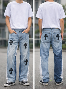 Jeans en denim coupe droite personnalisés pour hommes, motif croisé, haute qualité, décontractés, taille haute, respirants, couleur unie, automne-été - Product Image 5